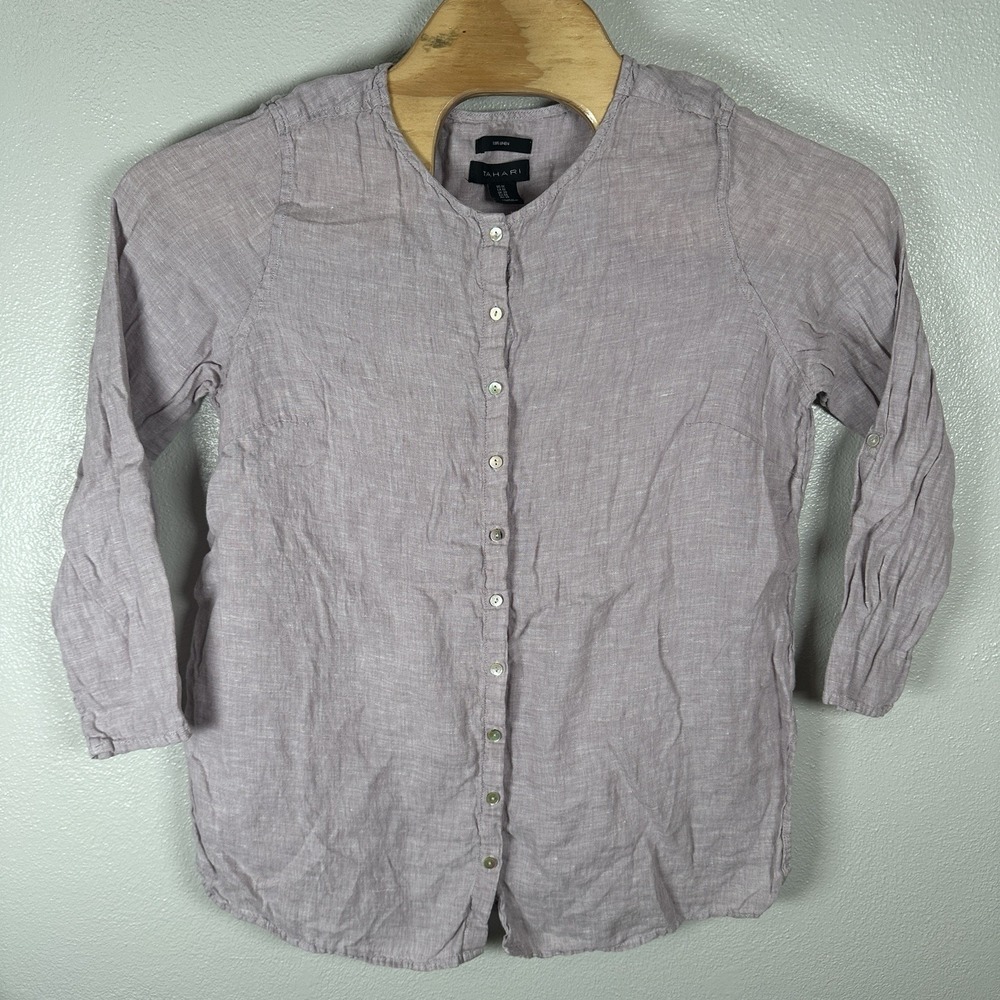 Tahari Linen Purple Button Up Tunic Top Womens Size‎ 1X Roll Tab Sleeve Relaxed